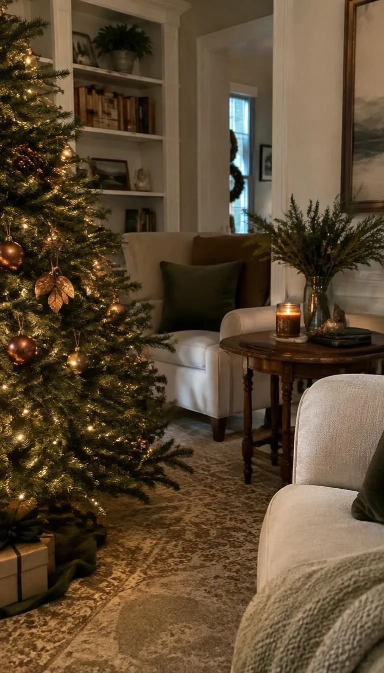 A candid, realistic iPhone photograph of a living room with a Christmas tree displaying copper leaf glass bulbs, natural juniper berry sprays, warm miniature string lights, and an antique side table.