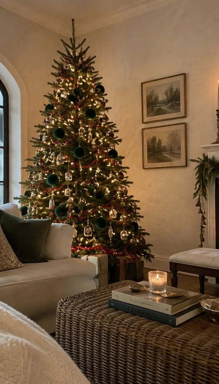 A candid, realistic iPhone photograph of a living room with a Christmas tree styled with moss green velvet baubles, frosted red glass beaded garlands, warm glow lights, and soft plaster walls.