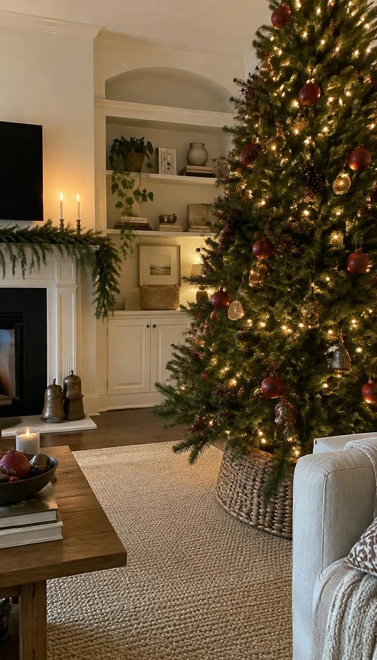 A candid, realistic iPhone photograph of a living room with a Christmas tree featuring clusters of natural pinecones, dried red pomegranate picks, warm glowing lights, and a tailored neutral wool rug below.