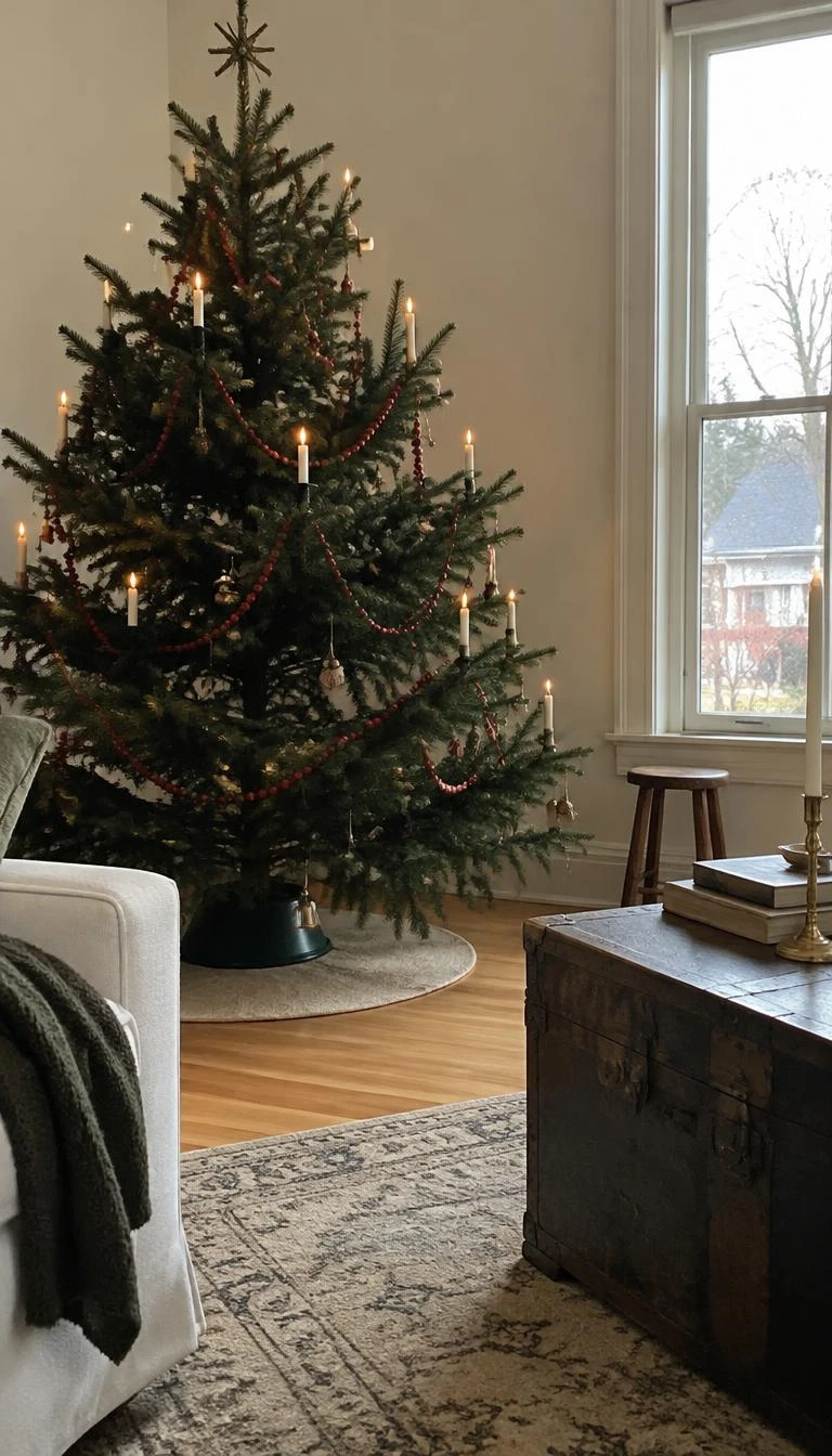 A candid, realistic iPhone photograph of a living room with a Christmas tree displaying dull red wooden bead garlands, natural noble fir needles, brass clip-on candles, and hardwood flooring in soft daylight.