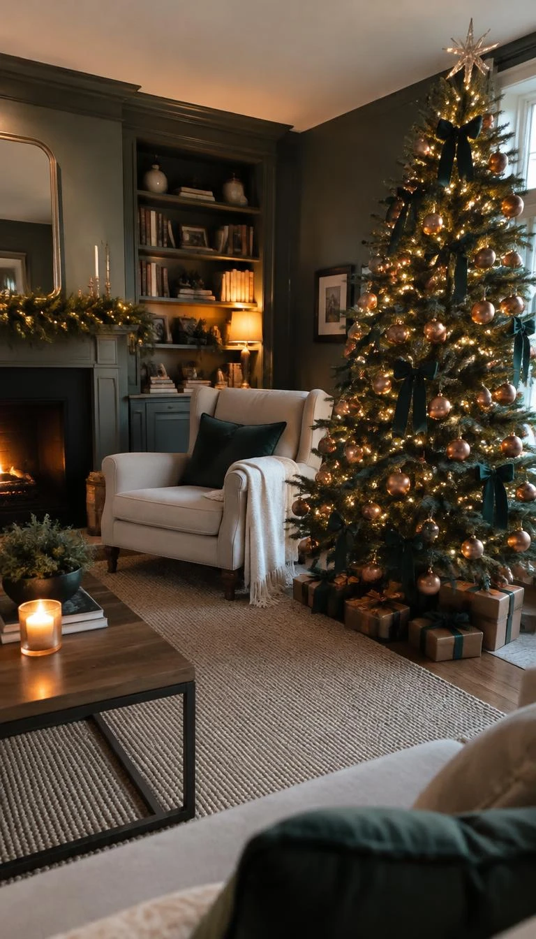 A candid, realistic iPhone photograph of a living room with a Christmas tree dressed in enameled copper baubles, rich emerald satin ribbons, glowing ambient lights, and an inviting reading chair.