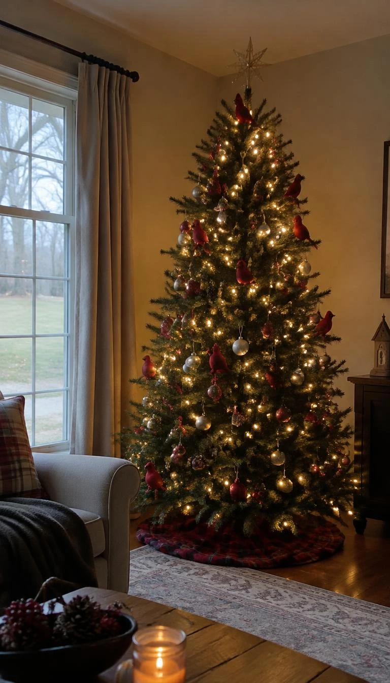 A candid, realistic iPhone photograph of a living room with a Christmas tree featuring realistic clipped red cardinals on outer twigs, dark green needle foliage, warm fairy lights, and a quiet window scene.