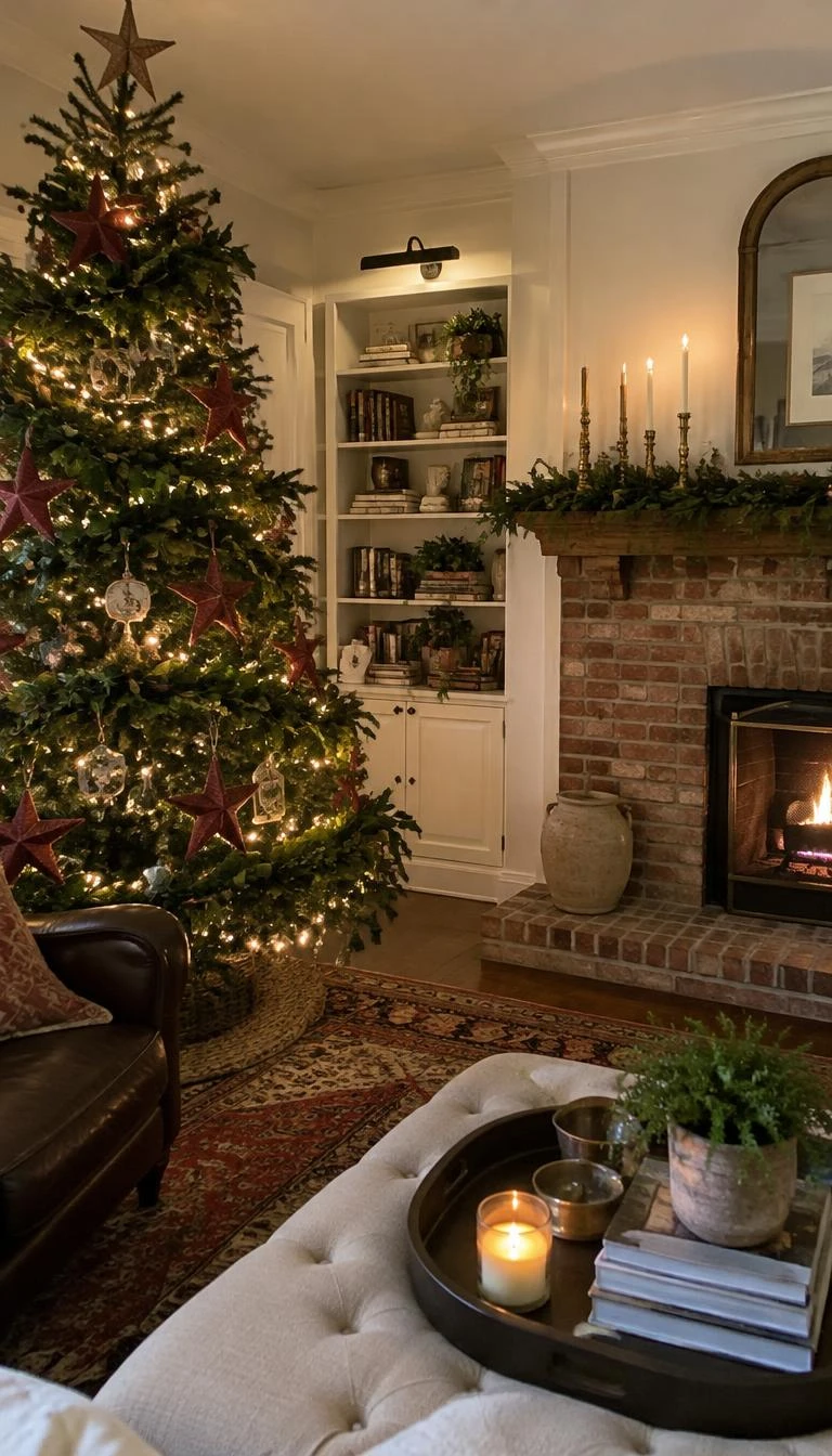 A candid, realistic iPhone photograph of a living room with a Christmas tree featuring pierced red tin stars, dense preserved boxwood leaf garlands, warm incandescent lights, and a brick fireplace.