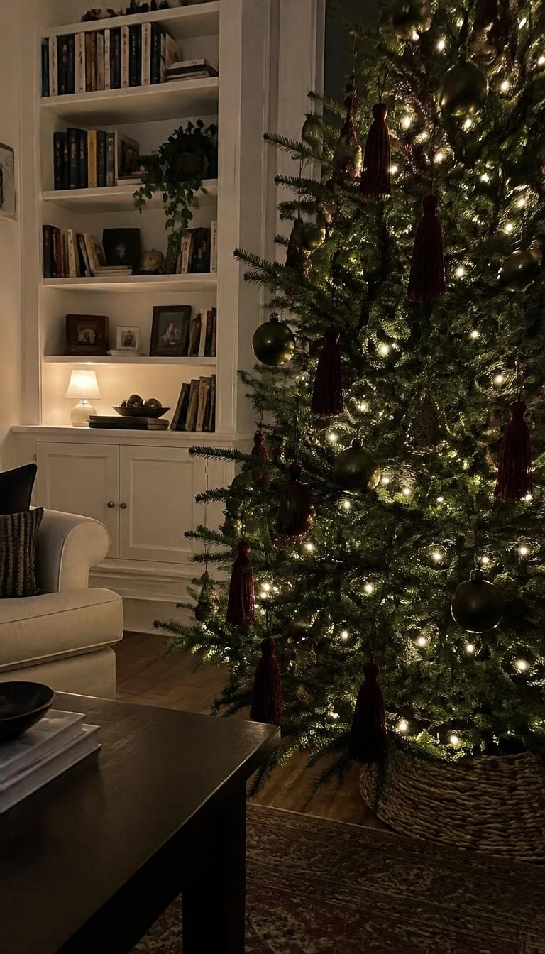 A candid, realistic iPhone photograph of a living room with a Christmas tree trimmed with silky dark wine tassels, dark olive glass baubles, glowing string lights, and a cozy bookshelf background.