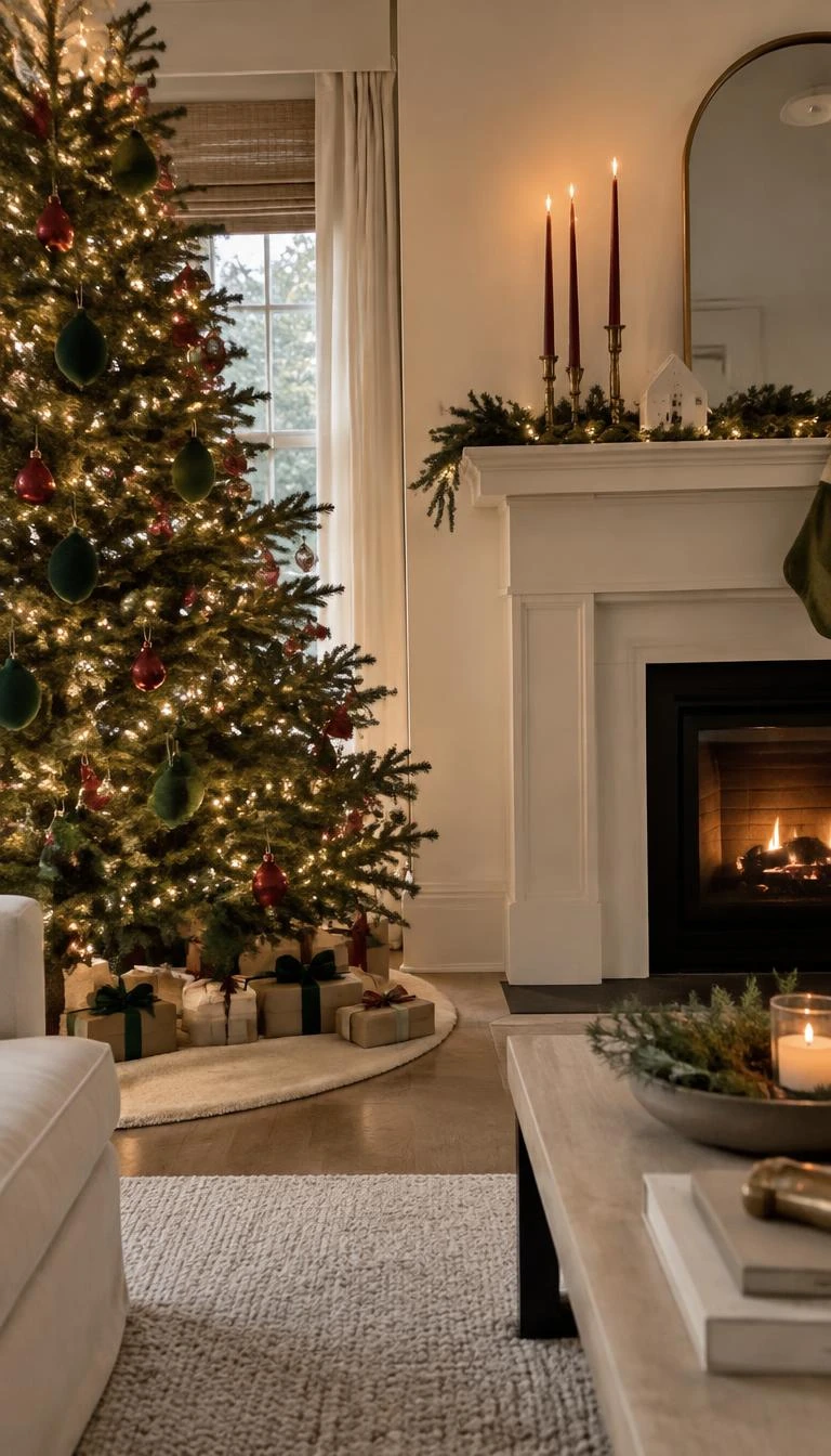 A candid, realistic iPhone photograph of a living room with a Christmas tree adorned with boiled wool forest green drops, shiny ruby glass teardrops, glowing lights, and a calm neutral fireplace mantel.
