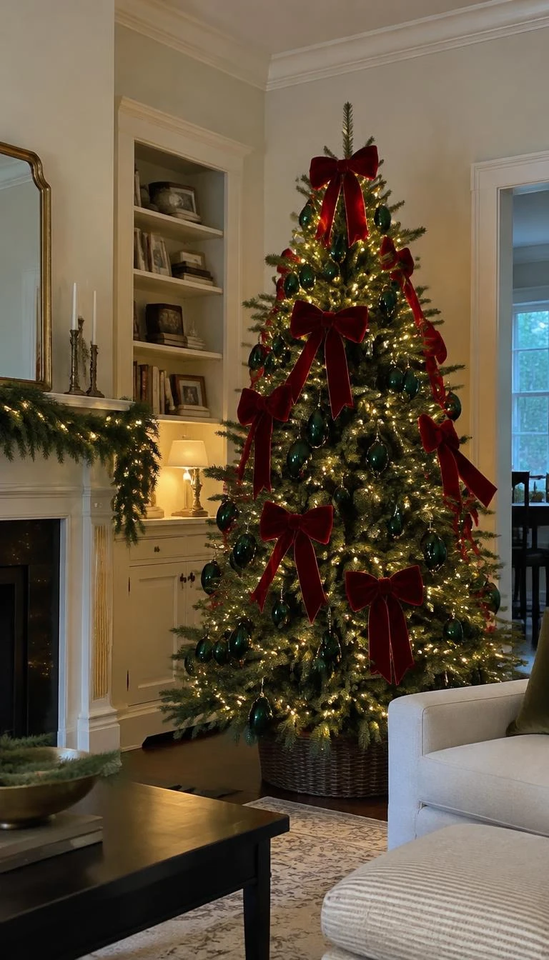 A candid, realistic iPhone photograph of a living room with a Christmas tree decorated with laurel green glass eggs, bright scarlet velvet bows, warm white lights, and simple architectural moldings.