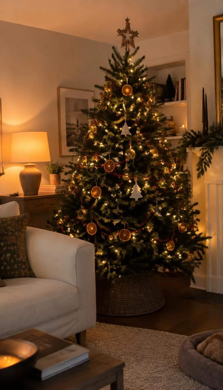 A candid, realistic iPhone photograph of a living room with a Christmas tree adorned with dried orange slices, dusty olive leaves, scarlet wooden beads, warm ambient lamps, and neutral walls in cozy evening light.