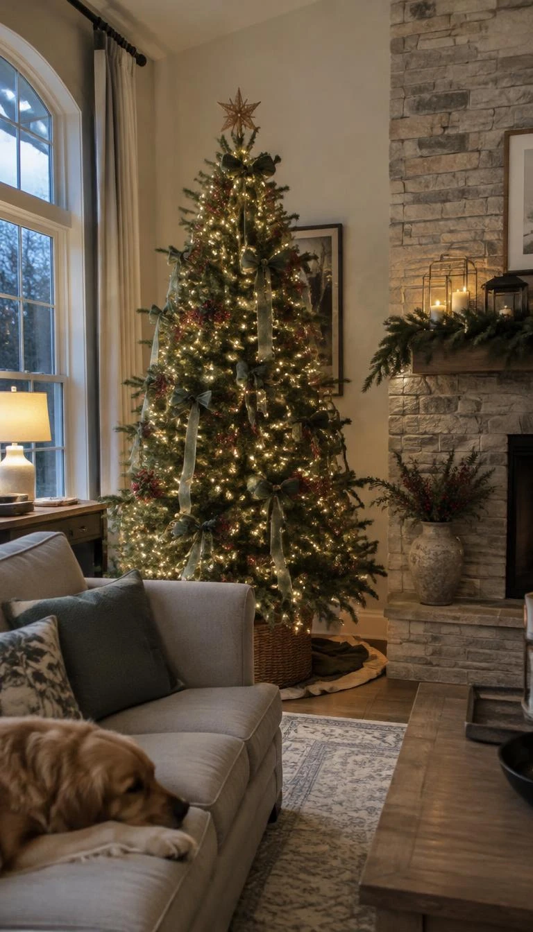 A candid, realistic iPhone photograph of a living room with a Christmas tree featuring sage green satin streamers, clusters of faux crimson holly berries, warm micro fairy lights, and a stone hearth nearby.