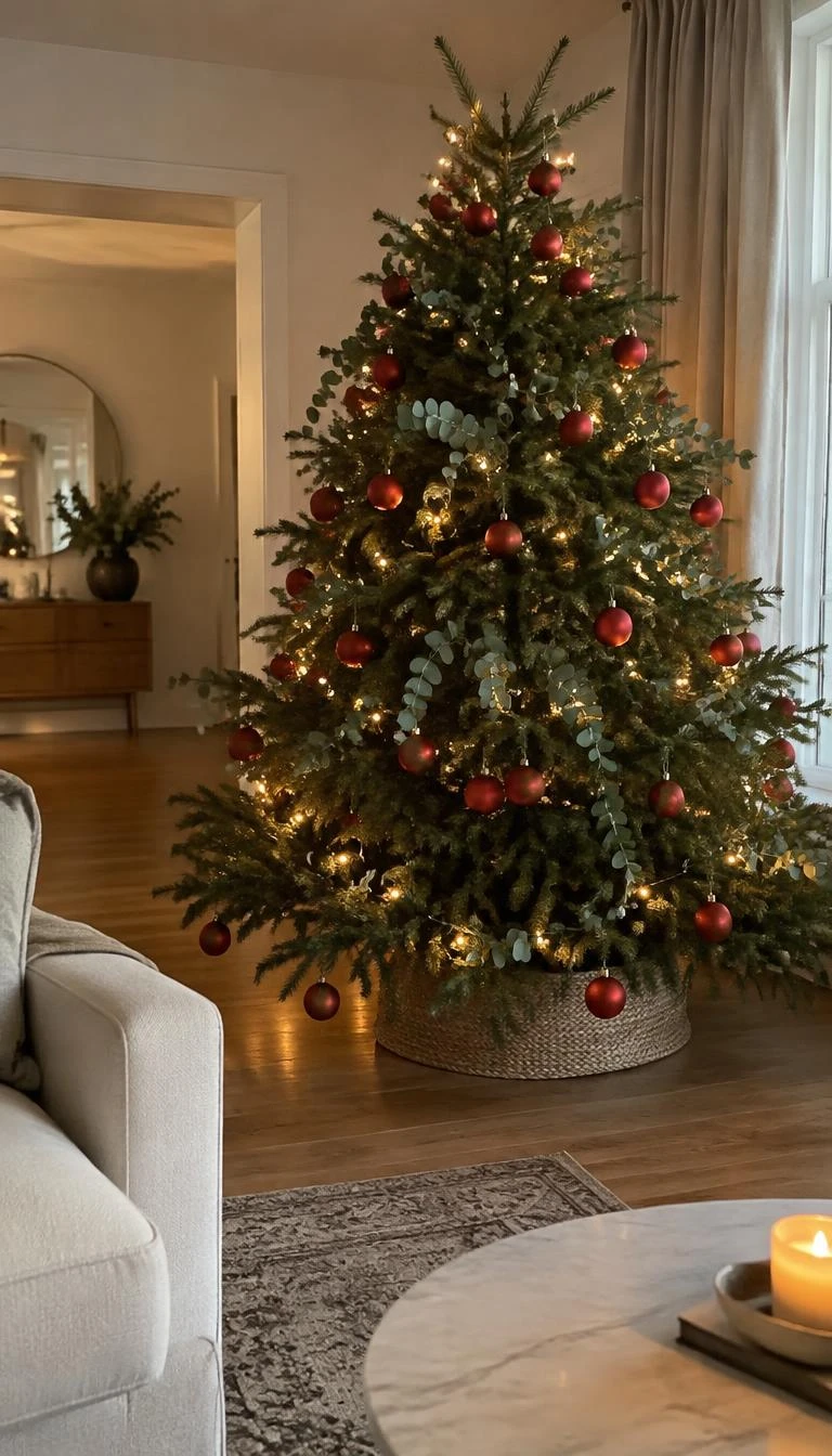 A candid, realistic iPhone photograph of a living room with a Christmas tree featuring preserved silver dollar eucalyptus branches, smooth scarlet glass globes, soft warm string lights, and linen curtains nearby.