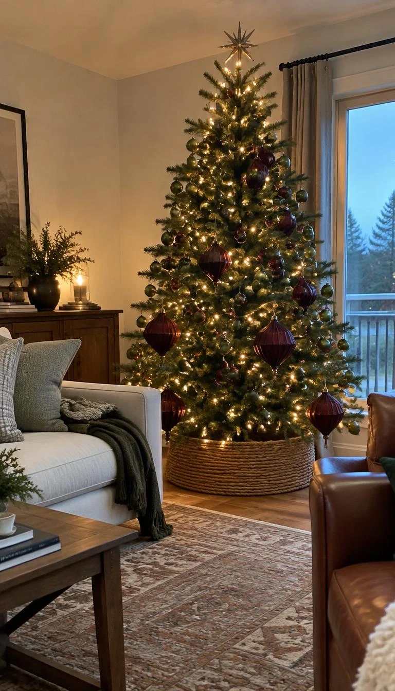 A candid, realistic iPhone photograph of a living room with a Christmas tree featuring large dark red glass lanterns on lower branches, moss green glass spheres above, and a natural woven tree skirt.