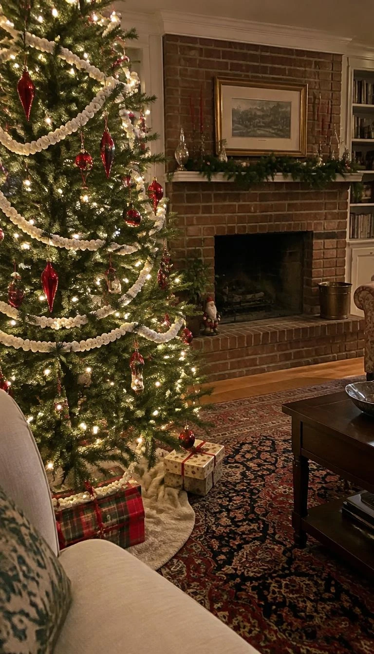 A candid, realistic iPhone photograph of a living room with a Christmas tree strung with traditional strung white popcorn garlands, long slender bright red glass drop ornaments, an unlit brick fireplace in the soft background.