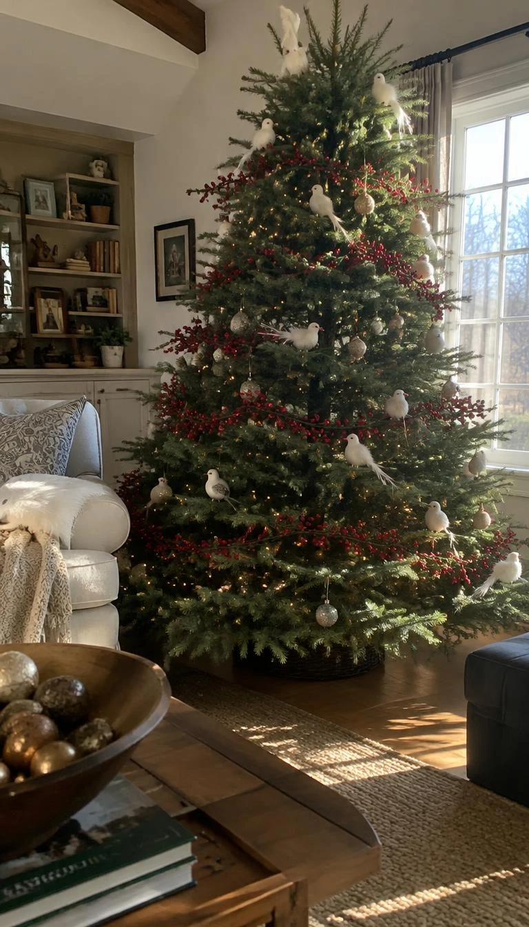 A candid, realistic iPhone photograph of a living room with a Christmas tree decorated with small white spun feather birds perched on branches, accented with thin red berry branches woven horizontally, morning sunlight.