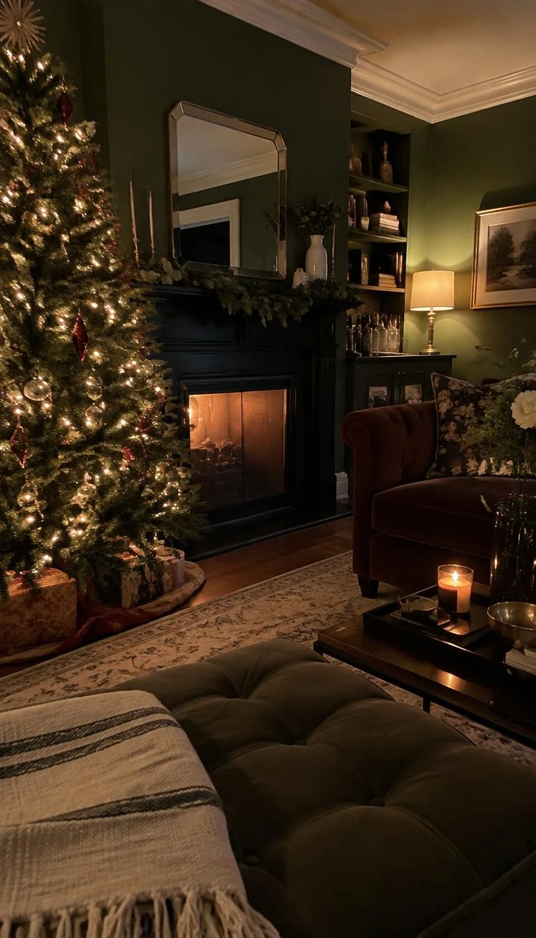 A candid, realistic iPhone photograph of a living room with a Christmas tree, glossy elongated ruby glass finials tucked close into inner branches, warm evening lamps, rich moody interior decor, dark green walls.