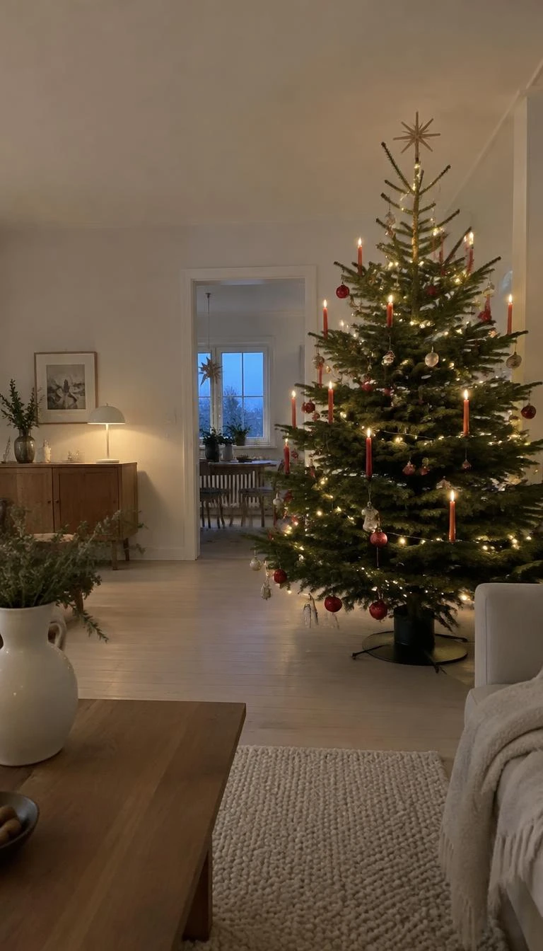 A candid, realistic iPhone photograph of a living room with a Christmas tree, turned red painted wooden taper holders clipped to bottom limbs, quiet Scandinavian interior, pale wood floor, soft twilight, ceramic vase on table.