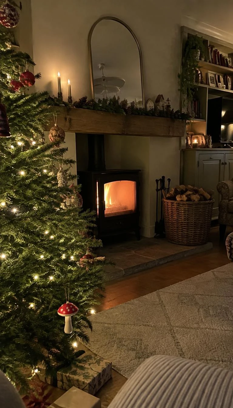 A candid, realistic iPhone photograph of a living room with a Christmas tree, small clip on red fly agaric glass mushrooms attached to bottom evergreen sprigs, warm cozy hearth, quiet evening, basket of logs.