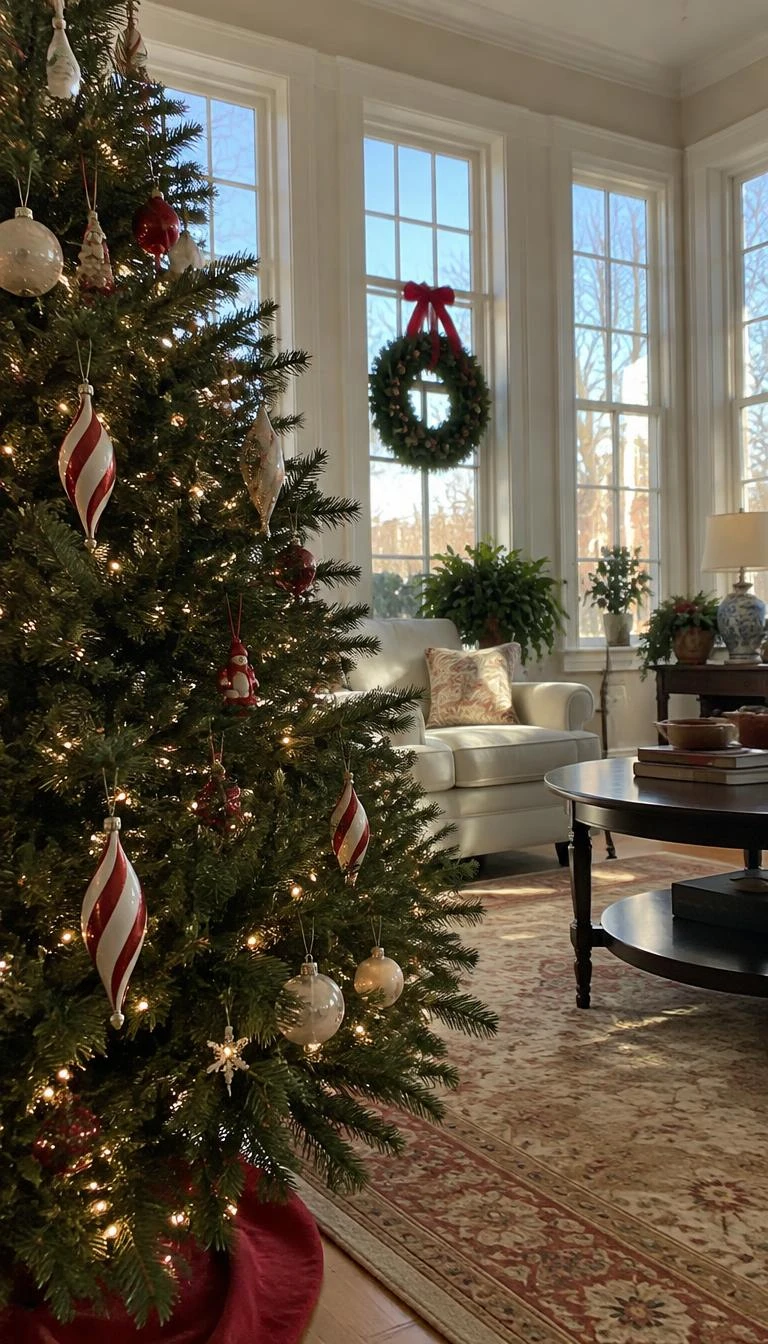 A candid, realistic iPhone photograph of a living room with a Christmas tree, hand blown glass drop ornaments with red and cream candy stripes on branch tips, warm afternoon lighting, bright relaxed parlor, tall windows.