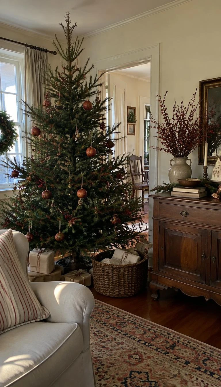 A candid, realistic iPhone photograph of a living room with a Christmas tree, accented with whole dried pomegranates on linen string, winterberry branches, natural pine needles, warm daylight, quiet country parlor aesthetic, antique wood sideboard nearby.