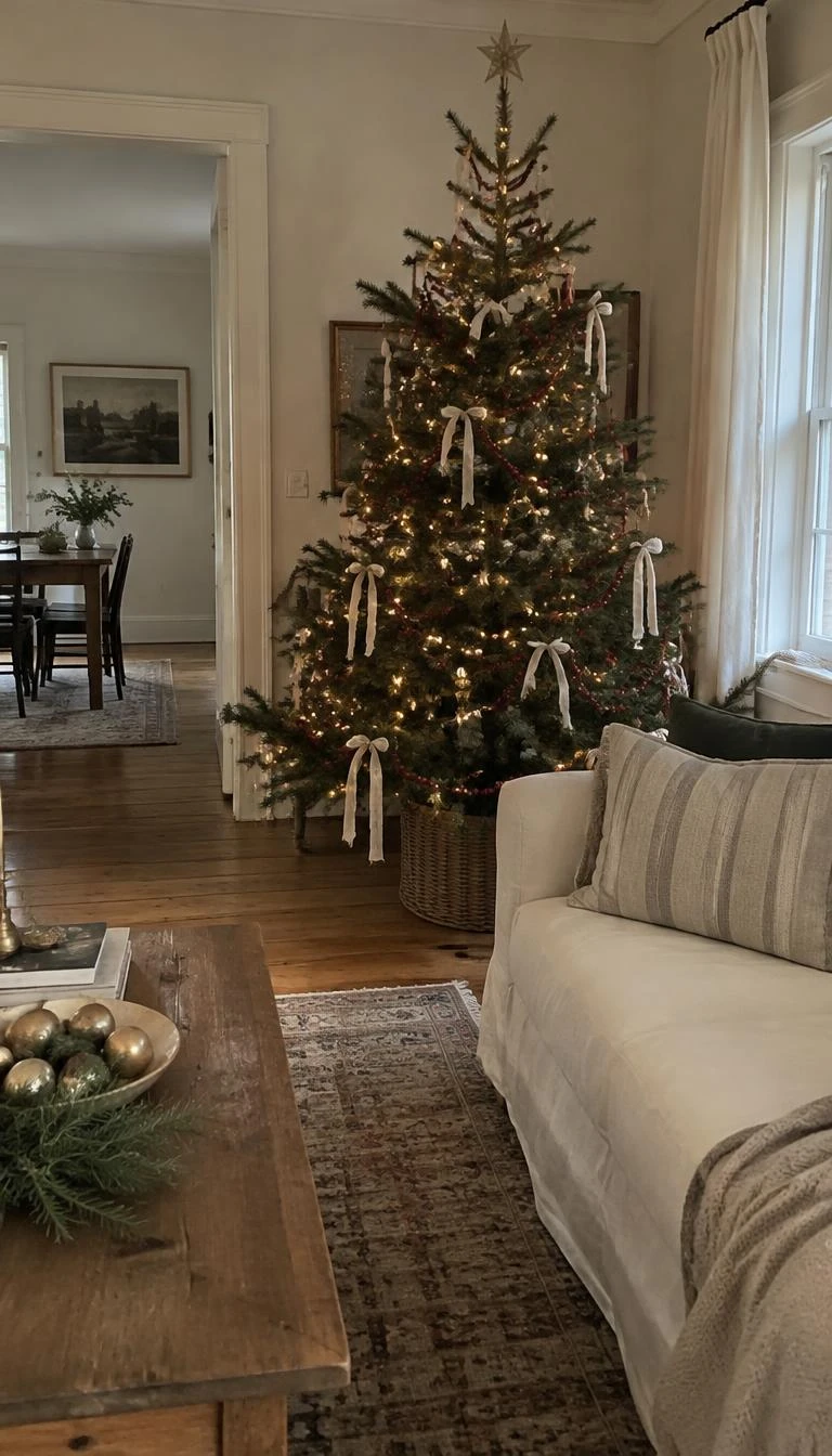 A candid, realistic iPhone photograph of a living room with a Christmas tree, strands of fresh strung cranberries paired with untied raw linen ribbons, gentle daylight, muted traditional home setting, pine floorboards.