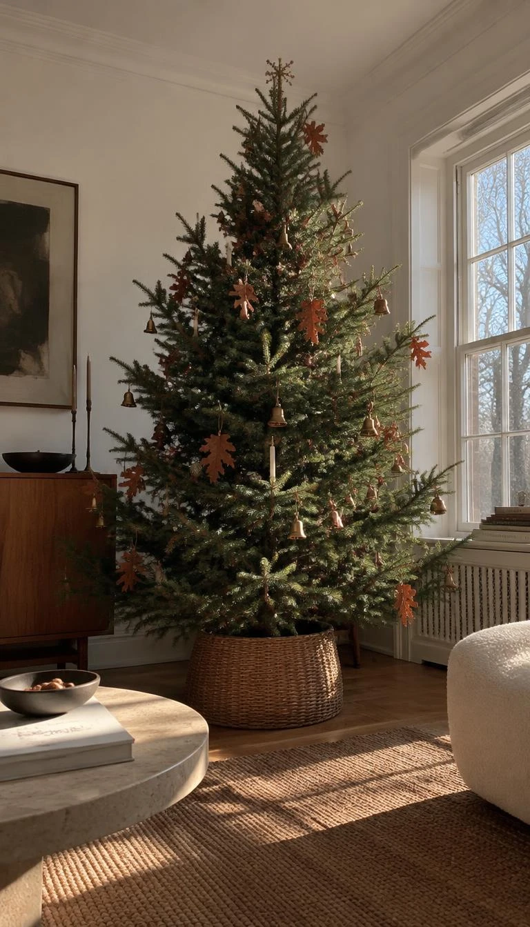 A candid, realistic iPhone photograph of a living room with a Christmas tree, dried red scarlet oak leaves held by small brass clips to pine branches, sunny winter afternoon, minimal organic room, neutral walls.