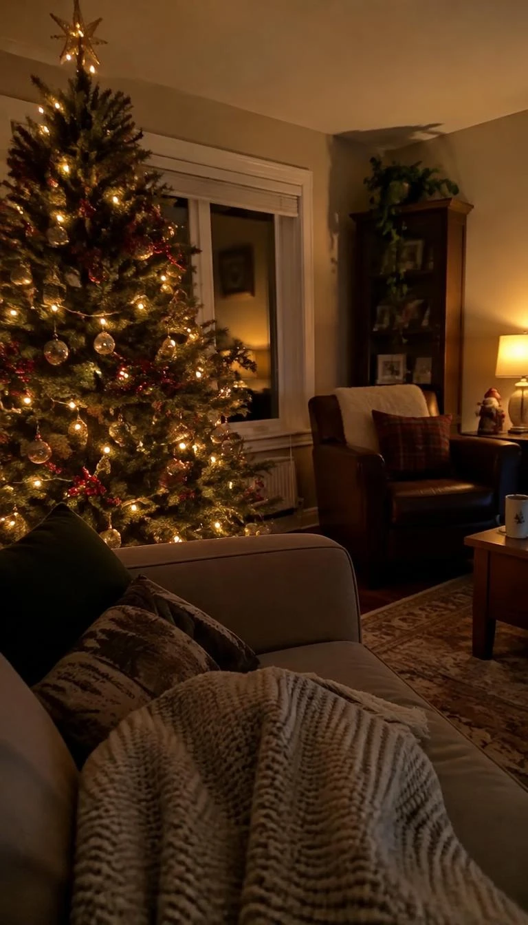 A candid, realistic iPhone photograph of a living room with a Christmas tree, showing small clusters of bright red glass beads tucked right next to incandescent fairy lights, cozy evening interior, dim warm background, wool blanket on couch.
