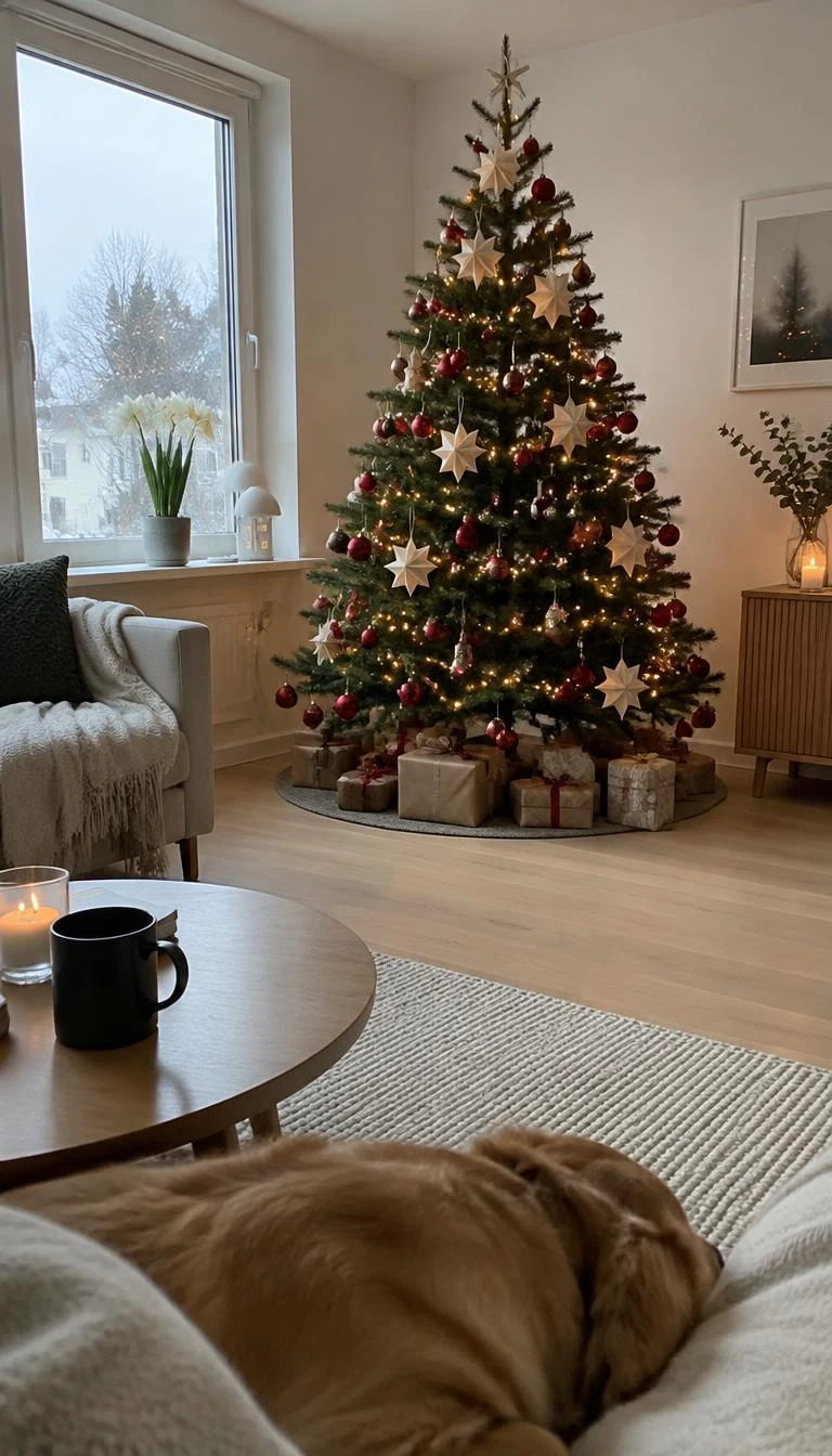 A candid, realistic iPhone photograph of a living room with a Christmas tree, displaying bright crimson glass balls mixed with cream folded paper stars, cozy Scandinavian living room, light oak floor, soft overcast daylight, quiet winter afternoon.