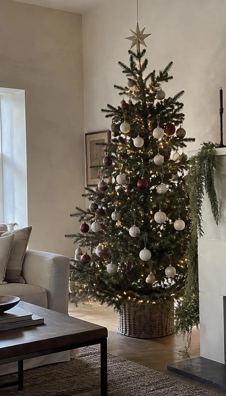 A candid, realistic iPhone photograph of a living room with a Christmas tree, featuring brick red matte ornaments alongside milk glass spheres, soft morning natural light, simple muted room backdrop, plaster walls.