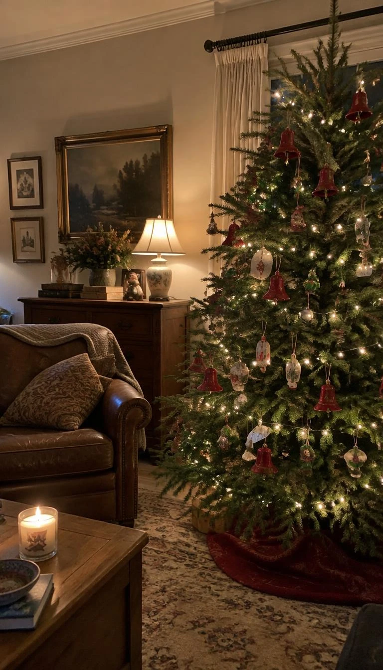 A candid, realistic iPhone photograph of a living room with a Christmas tree, vintage style red enameled metal bells clipped to horizontal fir limbs, soft lamp light, cozy warm evening home, framed artwork on wall.