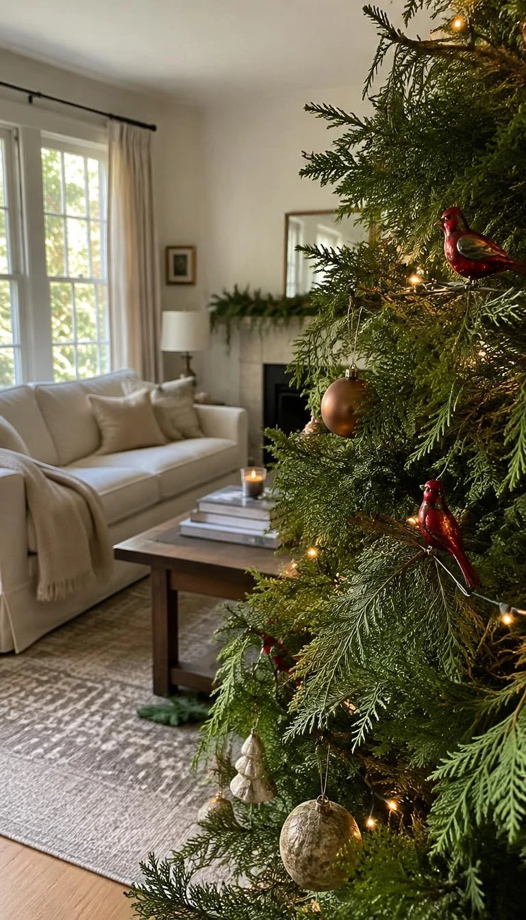 A candid, realistic iPhone photograph of a living room with a Christmas tree, delicate spun glass red bird ornaments nestled among raw cedar sprays, soft daylight, serene home interior, linen sofa.