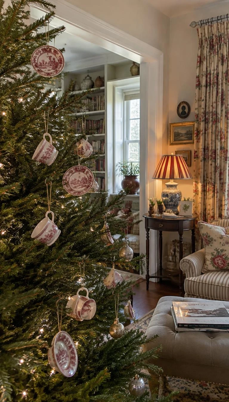 A candid, realistic iPhone photograph of a living room with a Christmas tree, small vintage red transferware saucers and tiny teacups suspended on brass wire, charming cottage interior, natural ambient light, floral curtains.