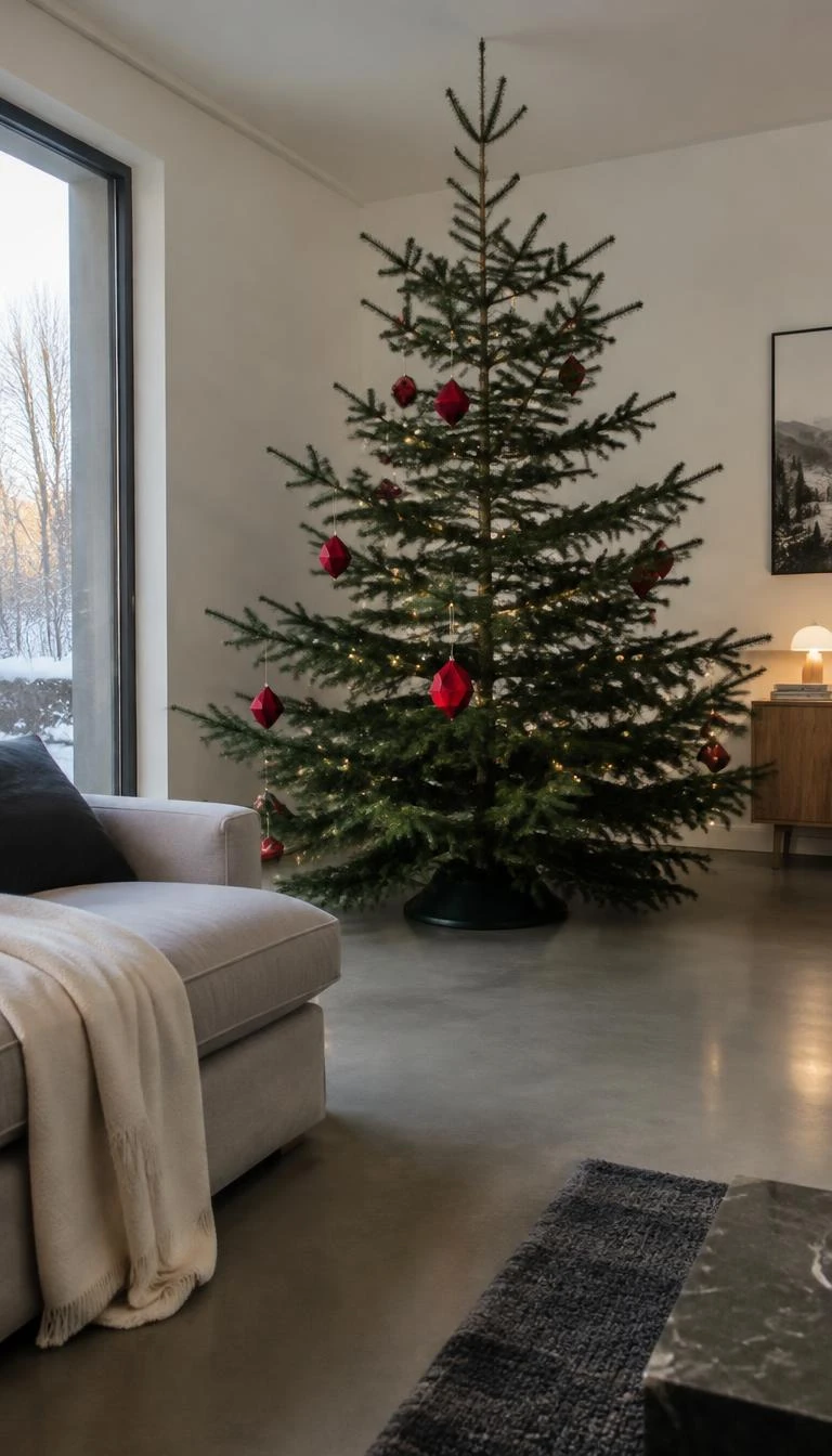 A candid, realistic iPhone photograph of a living room with a Christmas tree, minimal geometric folded red paper polyhedrons on a sparse alpine fir, modern interior, clean lines, serene natural light, polished concrete floor.