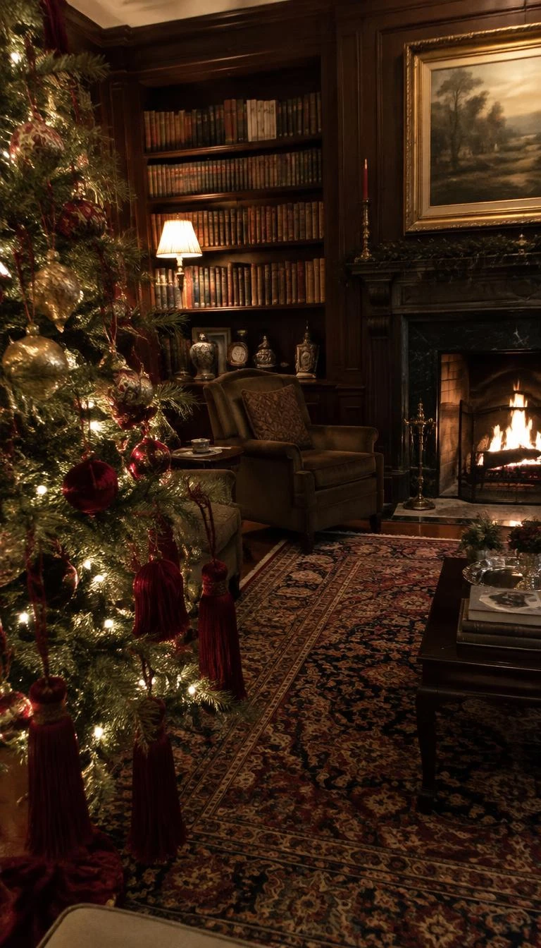 A candid, realistic iPhone photograph of a living room with a Christmas tree, heavy oxblood silk tassels suspended from bottom pine boughs, classic historic library, warm firelight, rich textures, Persian rug.