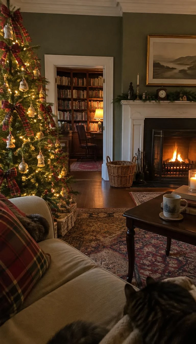 A candid, realistic iPhone photograph of a living room with a Christmas tree, decorated with small Scottish red tartan wool ribbon ties, warm firelight, study filled with books, traditional relaxed comfort, dark walnut side table.