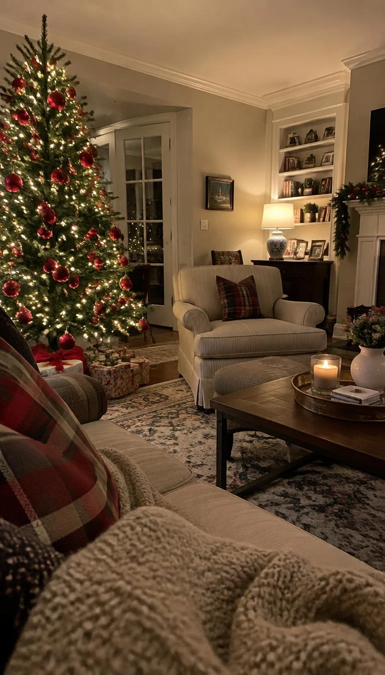 A candid, realistic iPhone photograph of a living room with a Christmas tree, filled with chalky matte scarlet round ornaments, soft evening table lamp glow, quiet sitting room, relaxed holiday mood, comfortable armchairs.