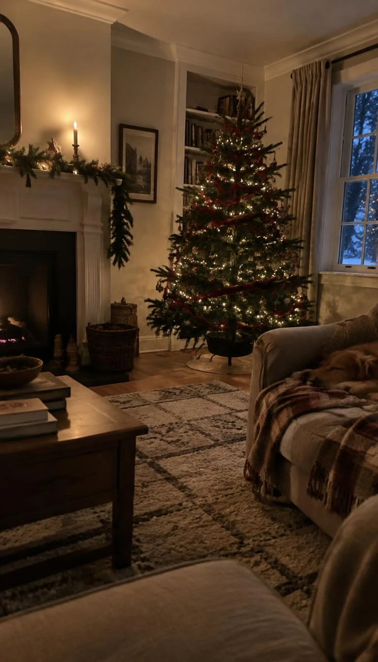 A candid, realistic iPhone photograph of a living room with a Christmas tree, loosely spun crimson wool roving wound gently around spruce branches, cozy living room, warm wool rug, calm winter evening, candle on mantle.
