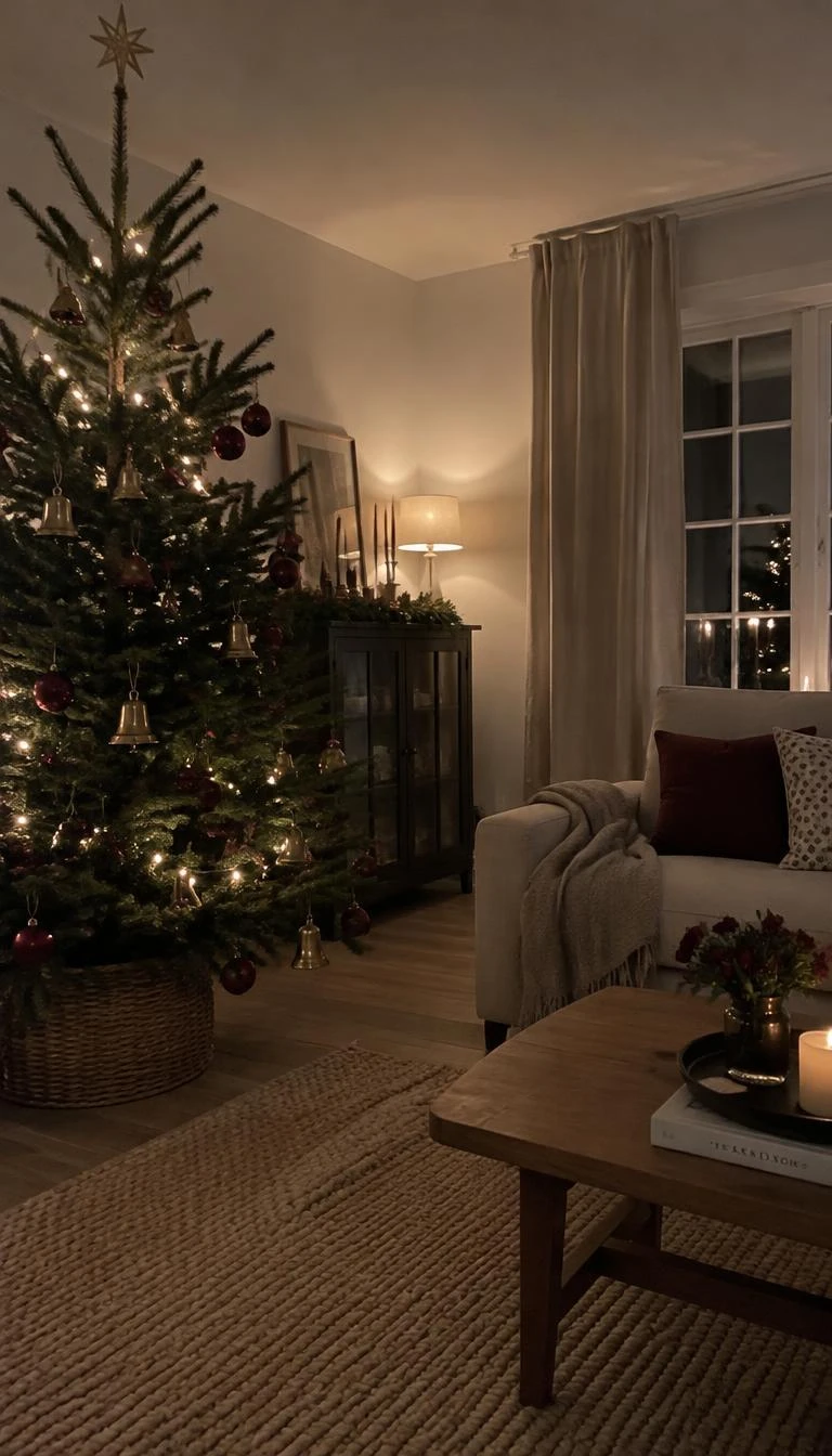 A candid, realistic iPhone photograph of a living room with a Christmas tree, decorated with dark burgundy matte glass baubles and unlacquered brass bells, evening lamp lighting, comfortable woven wool rug, subdued festive warmth, linen curtains in the background.