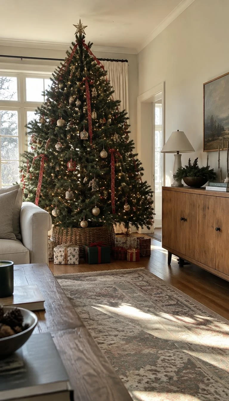A candid, realistic iPhone photograph of a living room with a Christmas tree, narrow crimson cotton ribbons printed with subtle botanicals threaded through pine branches, sunlit morning room, peaceful holiday atmosphere, oak credenza.