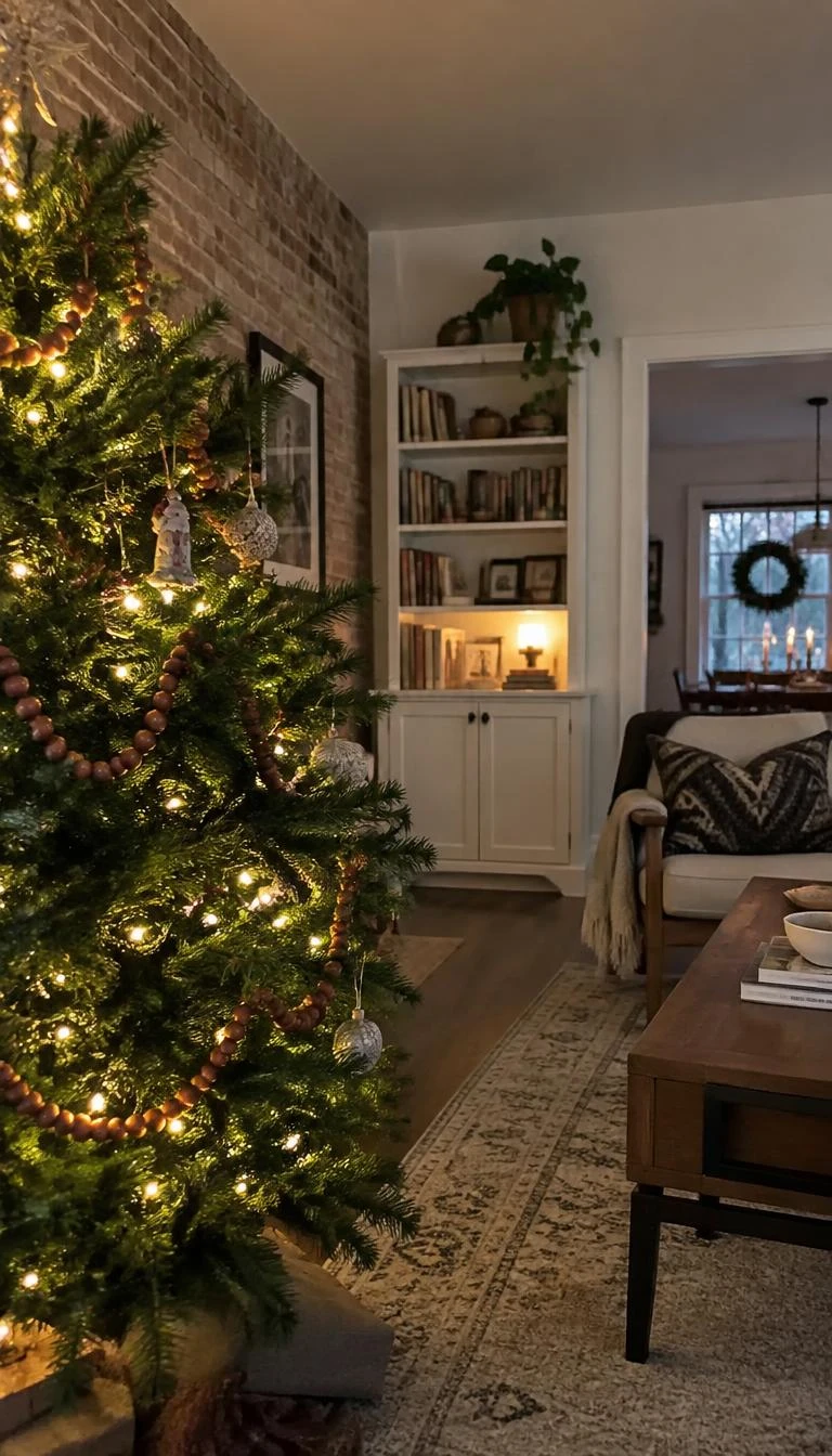 A candid, realistic iPhone photograph of a living room with a Christmas tree, swags of muted red ochre wooden beads draped casually across pine branches, quiet bungalow interior, warm ambient light, exposed brick wall.