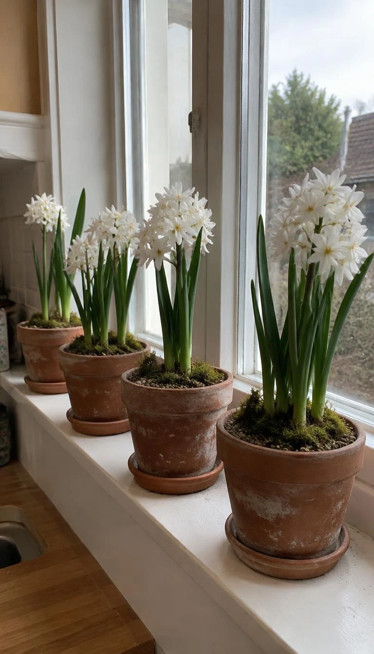 A candid, realistic iPhone photograph of a kitchen windowsill, holding four aged terracotta pots with growing paperwhite stems and small white flowers, planted in moss over coarse potting gravel.