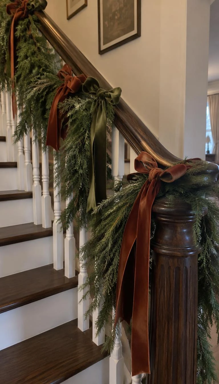 A candid, realistic iPhone photograph of a wooden staircase, where a thick fir garland draped along the banister is tied with matte olive green and rust velvet ribbons in loose trailing bows.