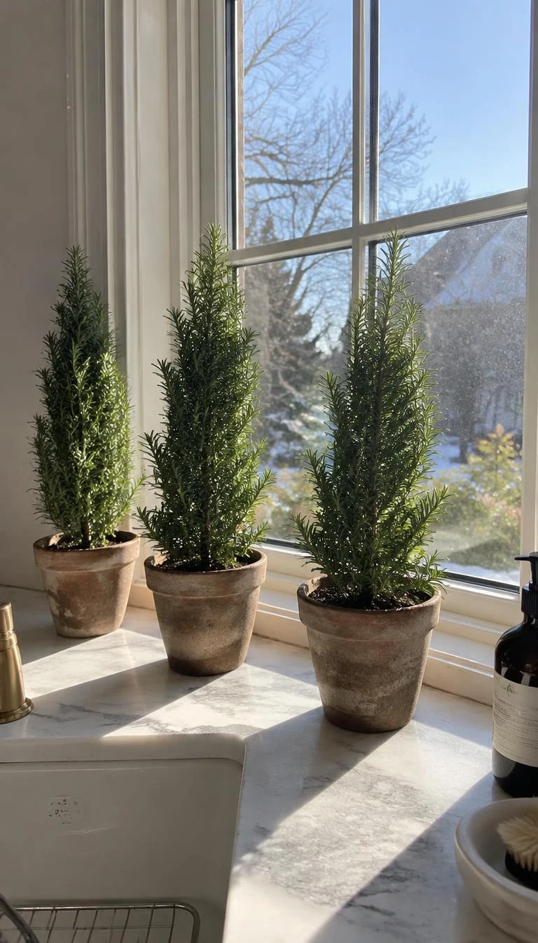 A candid, realistic iPhone photograph of a sunny kitchen windowsill, where three cone shaped rosemary topiaries sit in small aged clay pots, catching bright morning winter light.