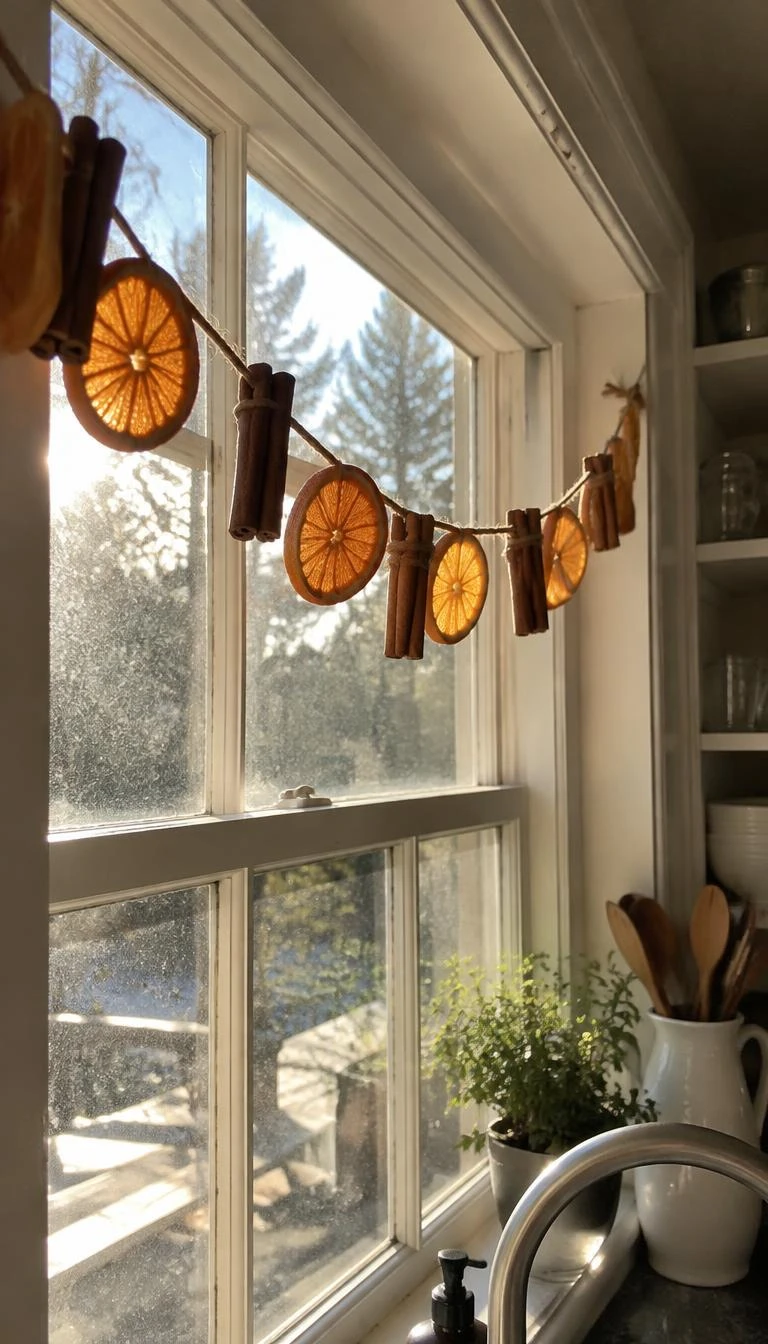 A candid, realistic iPhone photograph of a sunlit kitchen window, displaying a handmade garland of dehydrated orange slices and tied cinnamon sticks hanging across old white wood trim, dust motes floating in afternoon light.