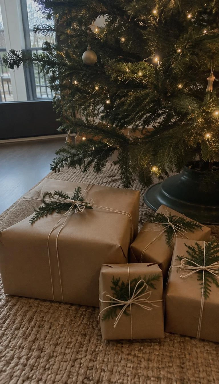 A candid, realistic iPhone photograph of gifts under a Christmas tree, wrapped in brown kraft butcher paper, secured with cotton twine, and tucked with dried green fern fronds.