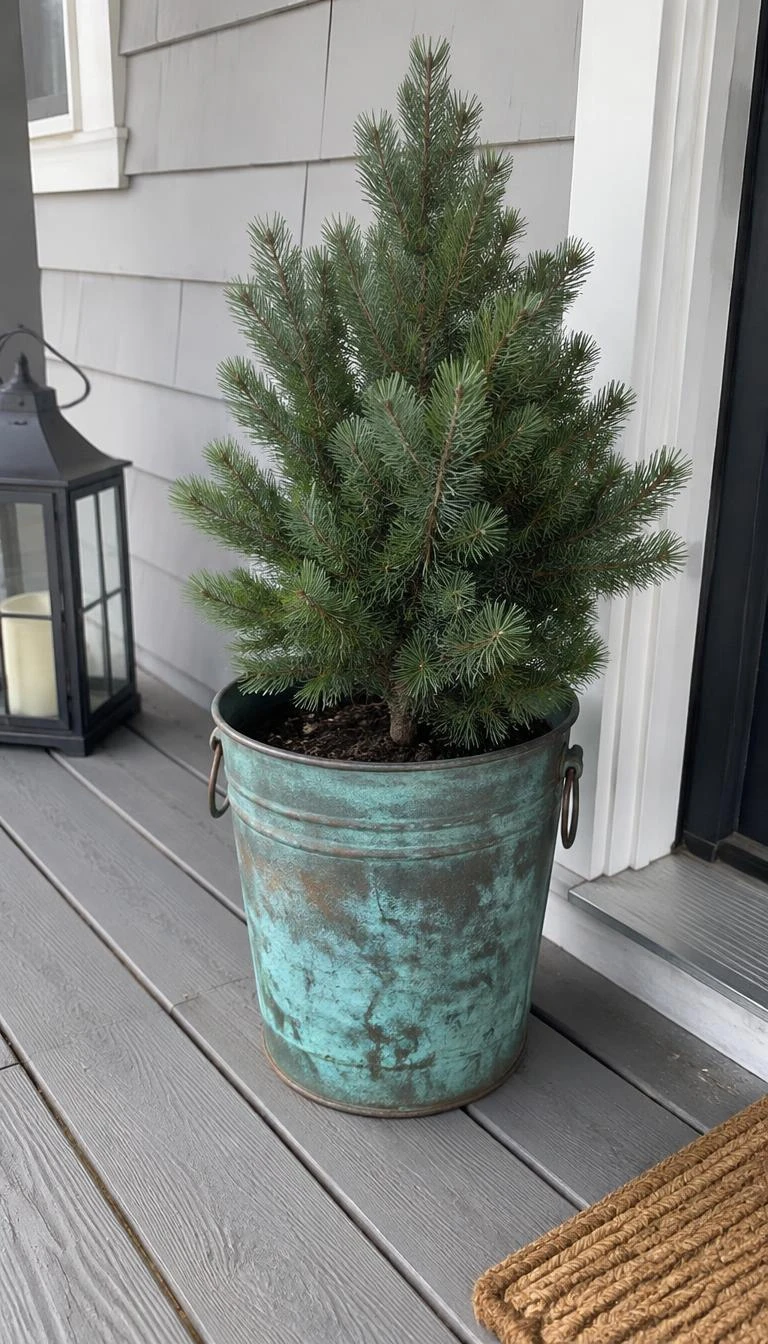 A candid, realistic iPhone photograph of a porch corner, showing a small bushy pine tree potted inside an oxidized verdigris copper bucket, resting on gray weathered decking boards.
