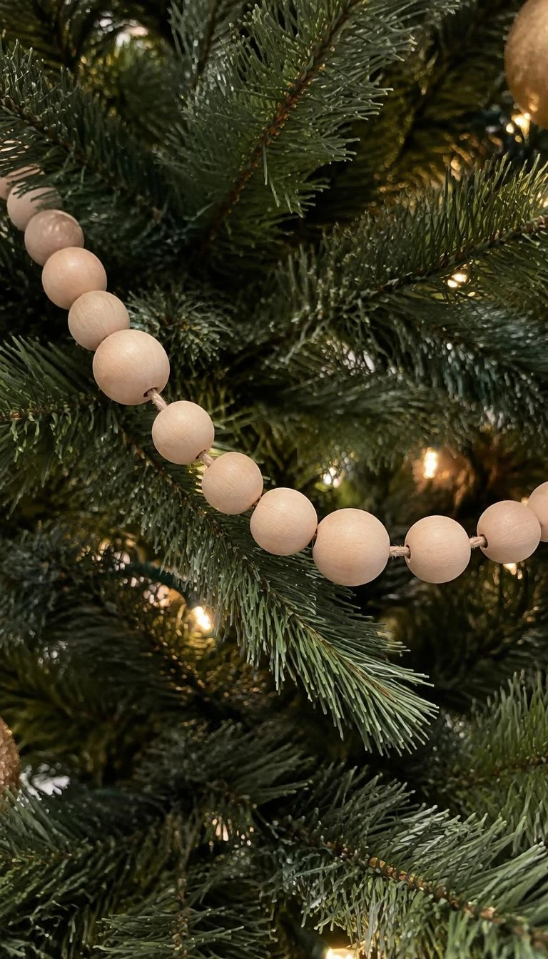 A candid, realistic iPhone photograph of Christmas tree branches, showing a garland of unpainted natural beechwood beads strung on jute twine draped between dark pine boughs.