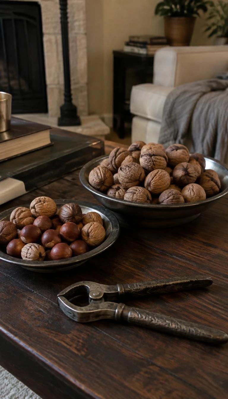 A candid, realistic iPhone photograph of a rustic coffee table, featuring two dull pewter dishes heaped with whole walnuts, hazelnuts, and an antique metal nutcracker on a dark cedar surface.