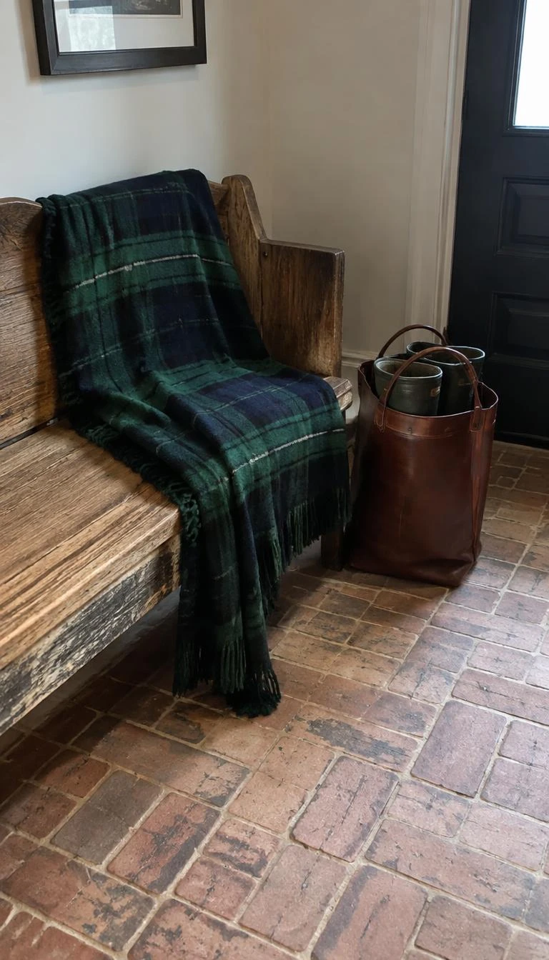 A candid, realistic iPhone photograph of an entryway wood bench, draped with a heavy forest green and navy tartan wool blanket, paired with a leather boot bag on brick flooring.