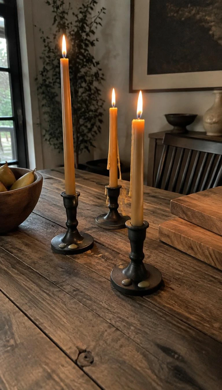 A candid, realistic iPhone photograph of a rustic dining table, showing three hand dipped honey gold beeswax tapers standing in heavy matte black cast iron candleholders, soft wax drips gathering at the base beside raw wood boards.