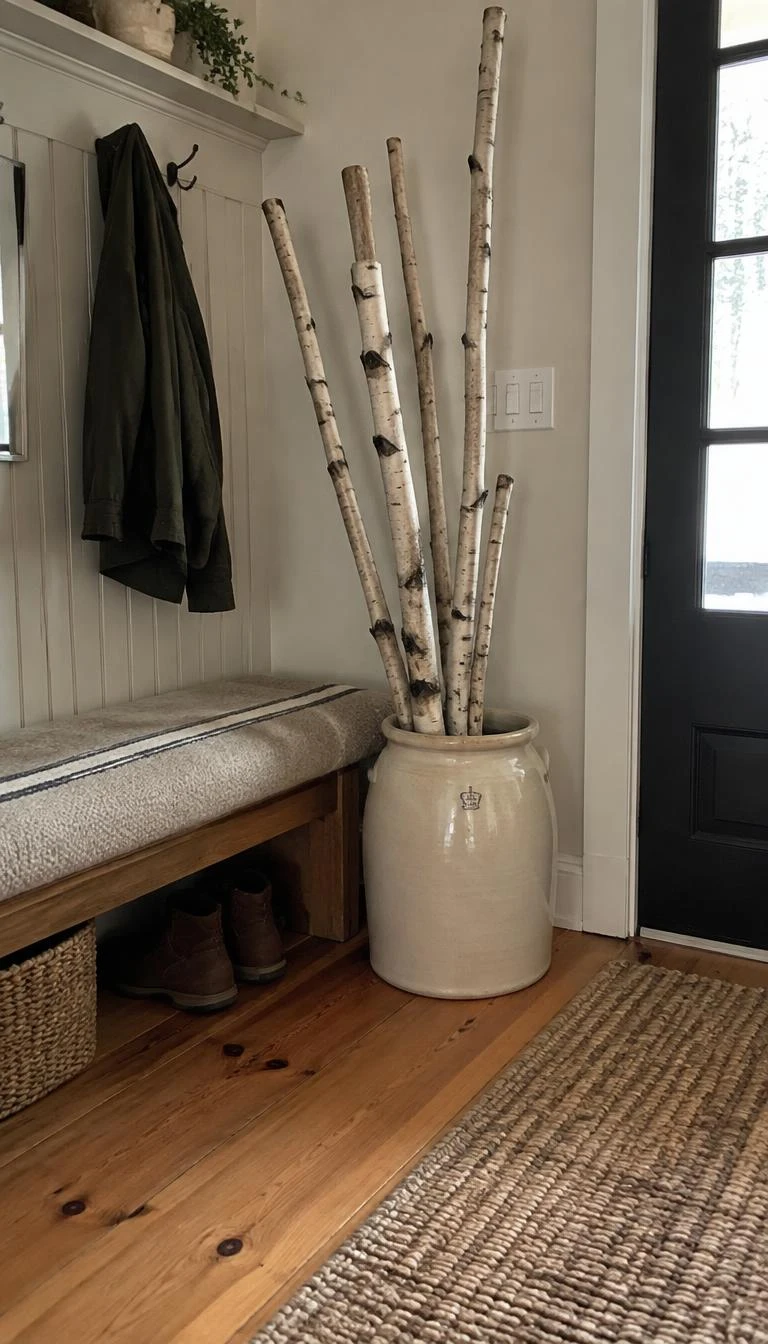 A candid, realistic iPhone photograph of an entryway corner, featuring a vintage cream colored ceramic crock filled with tall white birch branches, standing on wide pine floorboards next to a wool mudroom bench.