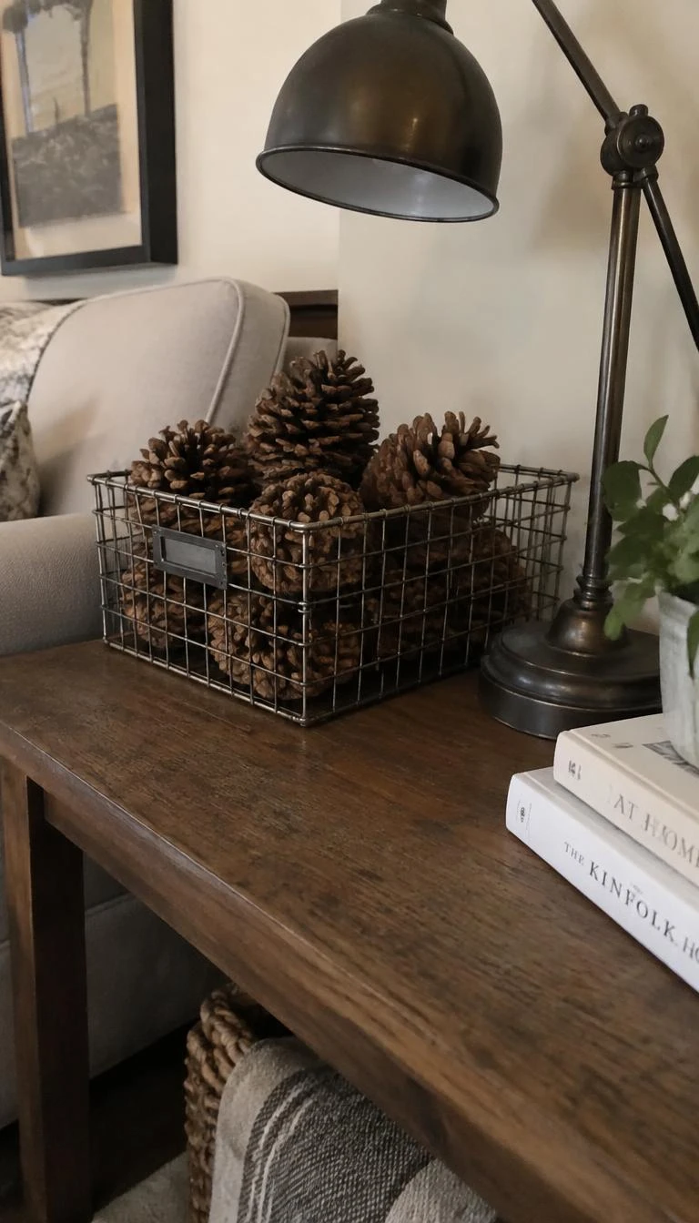 A candid, realistic iPhone photograph of a living room side table, where a vintage wire mesh locker basket is filled with large foraged pinecones beside an iron reading lamp.