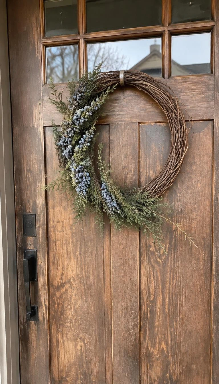 A candid, realistic iPhone photograph of a weathered wooden front door, featuring an asymmetrical wild grapevine wreath with a sweep of juniper and blue berries across one side.